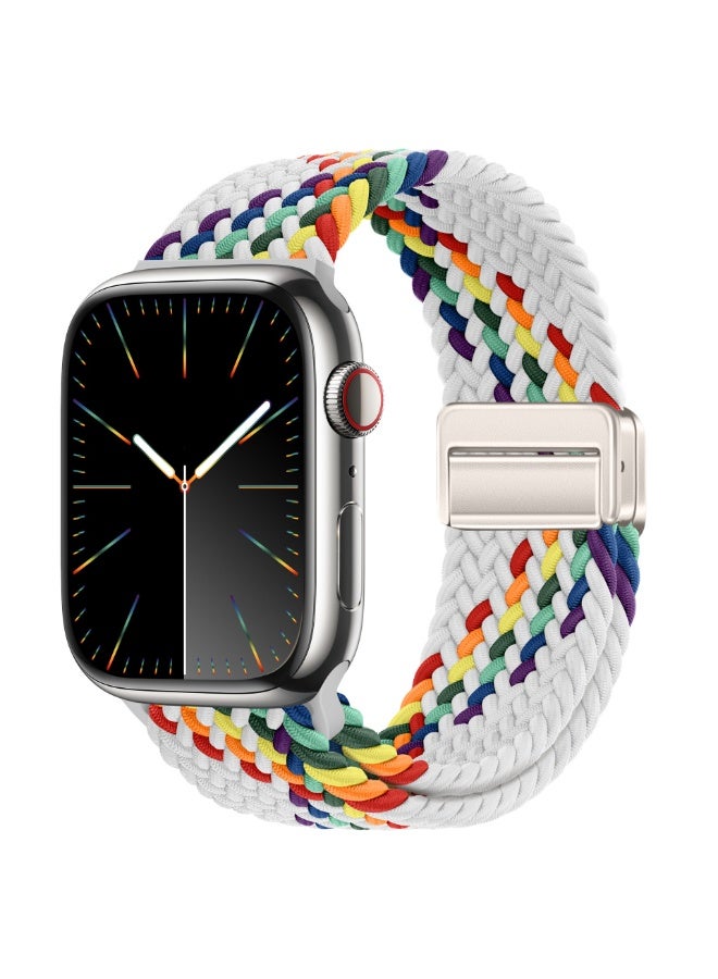 بيلينجدون BEILINGDUNسوار متوافق مع ساعة ابل 46 ملم 45 ملم 44 ملم 42 ملم 41 ملم 40 ملم، سوار رياضي مضفر نايلون مرن قابل للتعديل بابزيم مغناطيسي لسلسلة اي ووتش 9/8/7/6/SE/5/4وايت رينبو - Image 1